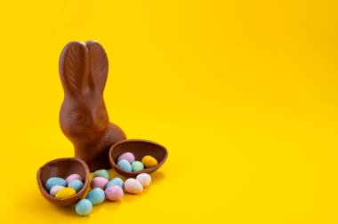 Çikolatalı Paskalya yumurtaları ve sarı arka planda fotokopi alanı olan çikolatalı tavşancık. 20