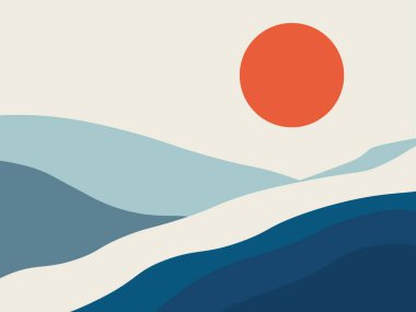 Minimalist illüstrasyon stilize edilmiş bir manzara gösteriyor. Yumuşak mavi tepeler solgun bir gökyüzünün altında ön plana doğru yuvarlanıyor. Sağ üst köşede parlak bir turuncu güneş var..