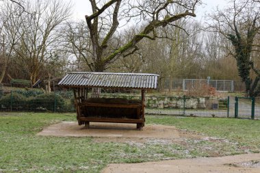 Yıpranmış bir ahşap barınak, çıplak ağaçlar ve uzak bir çitle çevrili sisli bir yeşil alanda bulunuyor. Sahne sakin ve sessiz, doğaya davetkar yansımalar..