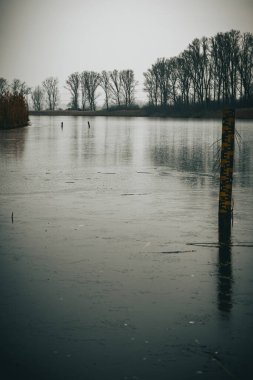 Sarı su seviyesi göstergesi kısmen donmuş bir nehirde belirgin bir şekilde duruyor. Kasvetli bir kış manzarasıyla çevrili..