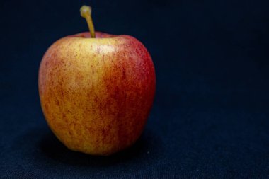 Taze, benekli kırmızı ve sarı bir elma, sapı koyu mavi bir arka planda duruyor..
