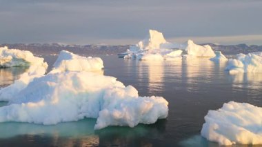Grönland açıklarındaki sakin Arktik Okyanusu 'nda devasa buz dağları ve buz kütleleri sürükleniyor.