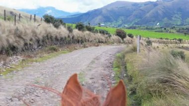 Kırsal bir yolda ata binen ilk kişi Cayambe, Ekvador 'da çarpıcı bir dağ vadisi manzarasını gözler önüne seriyor.