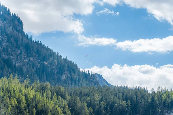 Yeşil bir dağ ormanının üzerinde özgürlüğün ve eğlencenin tadını çıkaran küçük bir paraglider.