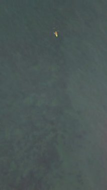 Sakin turkuaz Karayip denizinde kano süren bir insanın minimalist hava aracı görüntüleri.