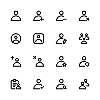 Kullanıcı satırı simge vektörü. Profil simgeleri. Kullanıcı ekleme, kaldırma, düzenleme, arama simgeleri. Kullanıcı ui simgeleri.