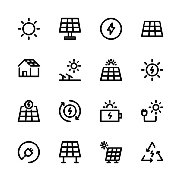 Güneş enerjisi ikonu ayarlandı. Yeşil enerji, güneş paneli, pil, yenilenme, enerji yenilenmesi, geri dönüşüm ve daha fazla simge. Satır simgesi ayarlandı.