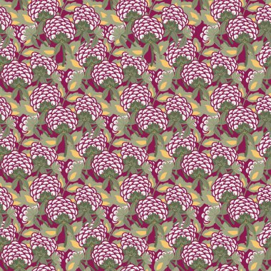 Yaban mersini kırmızısı, adaçayı ve tereyağı sarısı yapraklı ortanca çiçekleri el yapımı yumuşak, rahat, dikişsiz, ev dekorasyonu, yorgan ve giysi kumaşları ya da kağıt kumaşlar için harika bir temel baskı oluşturuyor.