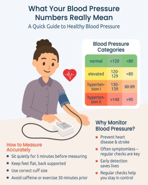 Blood pressure monitoring infographic. Visual guide to healthy blood pressure readings and monitoring tips for educational materials, health blogs, clinics, and wellness campaigns