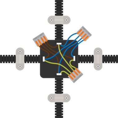 Elektrik bağlantı kutusu, kablolar ve bağlayıcılar. Teknik kılavuzlarda, güvenlik rehberlerinde, eğitim içeriğinde ve mühendislik sunumlarında kullanmak için vektör teknik illüstrasyonuName