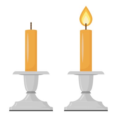 Beyazda izole edilmiş gümüş tutacaklardaki aydınlık ve yanmamış mumlar. İkili, meditasyon, ritüel veya dönüşüm temaları için düz stil vektör çizimi. Yayımsal kullanım, manevi içerik veya mevsimsel tasarım için ideal
