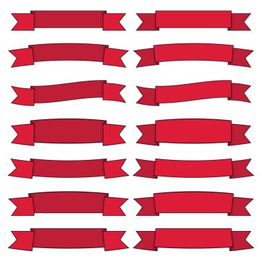 Şeffaf arkaplanda kırmızı kurdele pankartları var. Satış etiketleri, başlıklar, sertifikalar, web pankartları ve tanıtım etiketleri için cesur taslakları olan boş vektör kaydırma koleksiyonu
