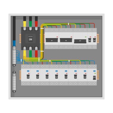 Elektrik dağıtım paneli devre kesiciler ve düzenli renk kodlu kablolar. Elektrik mühendisliği şemaları için endüstriyel güç paneli düz vektör çizimi, konut bakım rehberi, inşaat güvenliği eğitimi, kılavuzlar.