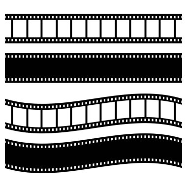 Şeffaf arkaplanda kusursuz film şeridi vektörü ayarlandı. Sinema temalı markalar, film yapım logoları, fotoğraf blogu başlıkları ve video kurgu elemanları için düz ve dalgalı sinema negatif çerçeve simgeleri