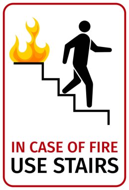 Yangın durumunda acil durum levhası kullanın. Merdivenlerden alevler içinde inen birinin güvenlik işareti. Güvenlik kılavuzları, acil durum işareti, bina yönetmelikleri, eğitim materyalleri ve yangın önleme kampanyaları için vektör simgesi