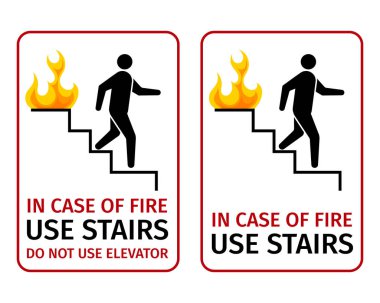 Yangın merdivenlerini kullanırken, asansör acil durum işaretini kullanmayın. Güvenlik işaretleri merdivenlerden alevler içinde inen birini gösteriyor.