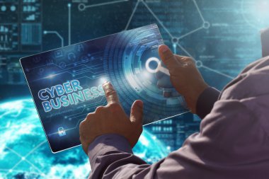 Internet. İş. Teknoloji kavramı. İşadamı bir ama presler
