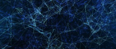 Soyut fütüristik, koyu mavi arka planda çokgen şekilli teknoloji. Dijital teknoloji konsepti tasarla. 3d illüstrasyon