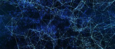 Soyut fütüristik, koyu mavi arka planda çokgen şekilli teknoloji. Dijital teknoloji konsepti tasarla. 3d illüstrasyon