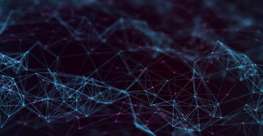 Soyut fütüristik, koyu mavi arka planda çokgen şekilli teknoloji. Dijital teknoloji konsepti tasarla. 3d illüstrasyon