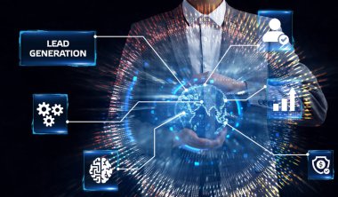 İş, teknoloji, internet ve ağ konsepti. Anahtar kelimeyi gösteren genç girişimci: Lider nesil