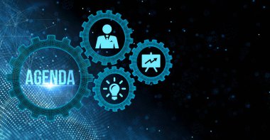 İnternet, iş, teknoloji ve ağ konsepti. Gündem sözcüğü olan iş adamı.