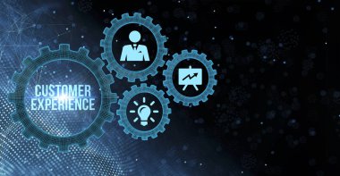 İnternet, iş dünyası, Teknoloji ve ağ kavramı. Geleceğin sanal ekranı ve yazıyı görüyor: Müşteri deneyimi