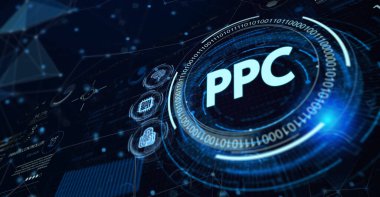 Tıklama başına ödeme teknolojisi dijital pazarlama internet sanal ekran konsepti. PPC