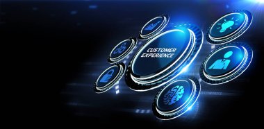 İş, Teknoloji, İnternet ve ağ konsepti. Geleceğin sanal ekranı ve yazıyı görüyor: Müşteri deneyimi