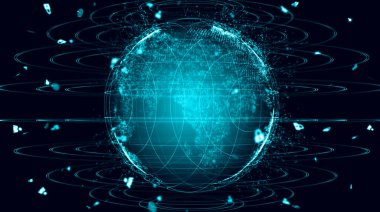 Gezegenin haritası. Dünya haritası. Küresel sosyal ağ. Geleceğe. Dünya gezegeninin mavi fütüristik geçmişi. 3d illüstrasyon.