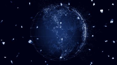 Gezegenin haritası. Dünya haritası. Küresel sosyal ağ. Geleceğe. Dünya gezegeninin mavi fütüristik geçmişi. 3d illüstrasyon.