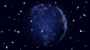 Gezegenin haritası. Dünya haritası. Küresel sosyal ağ. Geleceğe. Dünya gezegeninin mavi fütüristik geçmişi. 3d illüstrasyon.