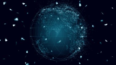 Gezegenin haritası. Dünya haritası. Küresel sosyal ağ. Geleceğe. Dünya gezegeninin mavi fütüristik geçmişi. 3d illüstrasyon.
