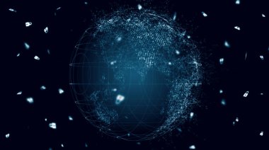 Gezegenin haritası. Dünya haritası. Küresel sosyal ağ. Geleceğe. Dünya gezegeninin mavi fütüristik geçmişi. 3d illüstrasyon.