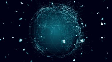 Gezegenin haritası. Dünya haritası. Küresel sosyal ağ. Geleceğe. Dünya gezegeninin mavi fütüristik geçmişi. 3d illüstrasyon.