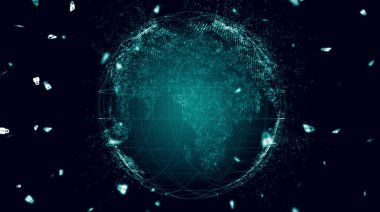 Gezegenin haritası. Dünya haritası. Küresel sosyal ağ. Geleceğe. Dünya gezegeninin mavi fütüristik geçmişi. 3d illüstrasyon.