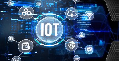 Nesnelerin interneti - IOT konsepti. İşadamı IOT ürünleri ve çözümler sunuyor. İnternet, iş, Teknoloji ve ağ kavramı. 