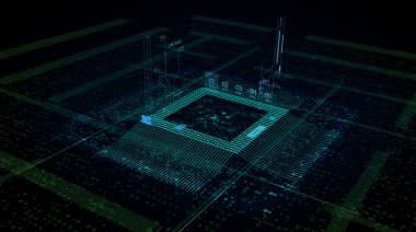 Ana karttaki işlemci çipi - mikroçipler ve diğer bilgisayar parçalarıyla birlikte bir devre kartındaki bir bilgisayar işlemci çipinin soyut 3D görüntüsü
