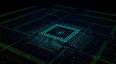 Ana karttaki işlemci çipi - mikroçipler ve diğer bilgisayar parçalarıyla birlikte bir devre kartındaki bir bilgisayar işlemci çipinin soyut 3D görüntüsü