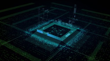 Ana karttaki işlemci çipi - mikroçipler ve diğer bilgisayar parçalarıyla birlikte bir devre kartındaki bir bilgisayar işlemci çipinin soyut 3D görüntüsü