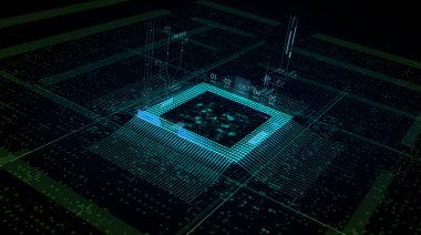 Ana karttaki işlemci çipi - mikroçipler ve diğer bilgisayar parçalarıyla birlikte bir devre kartındaki bir bilgisayar işlemci çipinin soyut 3D görüntüsü