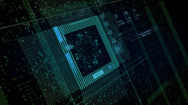 Ana karttaki işlemci çipi - mikroçipler ve diğer bilgisayar parçalarıyla birlikte bir devre kartındaki bir bilgisayar işlemci çipinin soyut 3D görüntüsü