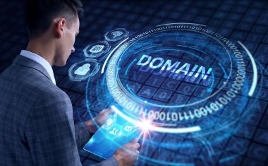 İş, Teknoloji, İnternet ve ağ konsepti. Genç işadamı geleceğin sanal ekranı üzerinde çalışıyor ve yazıyı görüyor: