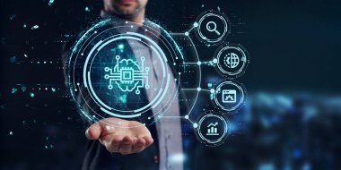 Yapay zeka (yapay zeka), makine öğrenme ve modern bilgisayar teknolojileri kavramları. İş, Teknoloji, İnternet ve ağ kavramı. 