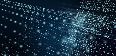 Soyut fütüristik, koyu mavi arka planda çokgen şekilli teknoloji. Dijital teknoloji konsepti tasarla. 3d illüstrasyon