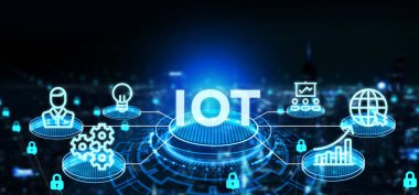 Nesnelerin interneti - IOT konsepti. İş adamı IOT ürünleri ve çözümler sunuyor. 