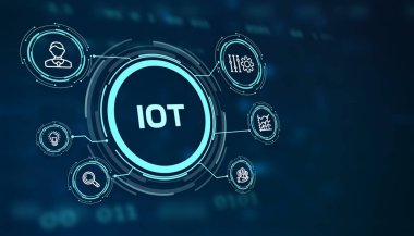 Nesnelerin interneti - IOT konsepti. İş adamı IOT ürünleri ve çözümler sunuyor. 