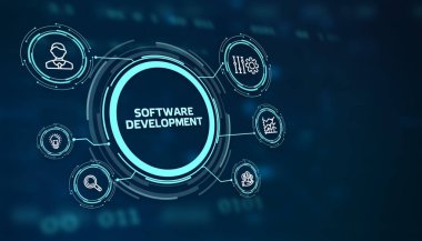 Sanal ekranda Yazıt Geliştirme. İş, modern teknoloji, İnternet ve ağ kurma kavramı.