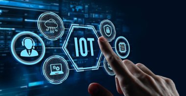 Nesnelerin interneti - IOT konsepti. İşadamı IOT ürünleri ve çözümler sunuyor. İnternet, iş, Teknoloji ve ağ kavramı