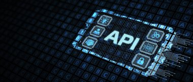 API - Uygulama Programı Arayüzü. Yazılım geliştirme aracı. İş, modern teknoloji, İnternet ve ağ kurma kavramı.